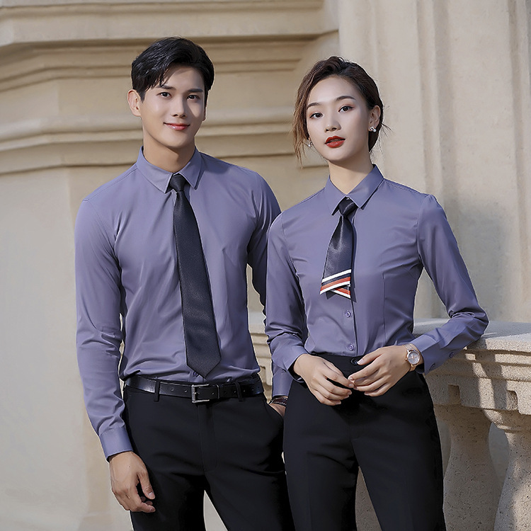 Grey Professional Shirt Women's Long-sleeved Shirt Men's Slim-fit Iron-free Bank Real Estate Work Clothes Factory Custom logo Grey Professional Shirt Women's Long-sleeved Shirt Men's Slim-fit Iron-free Bank Real Estate Work Clothes Factory Custom logo