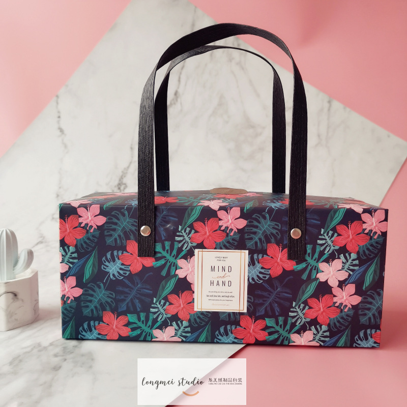 清新树叶花朵款手提盒花茶玫瑰花雪花酥手提盒新年网红奶酥包装盒