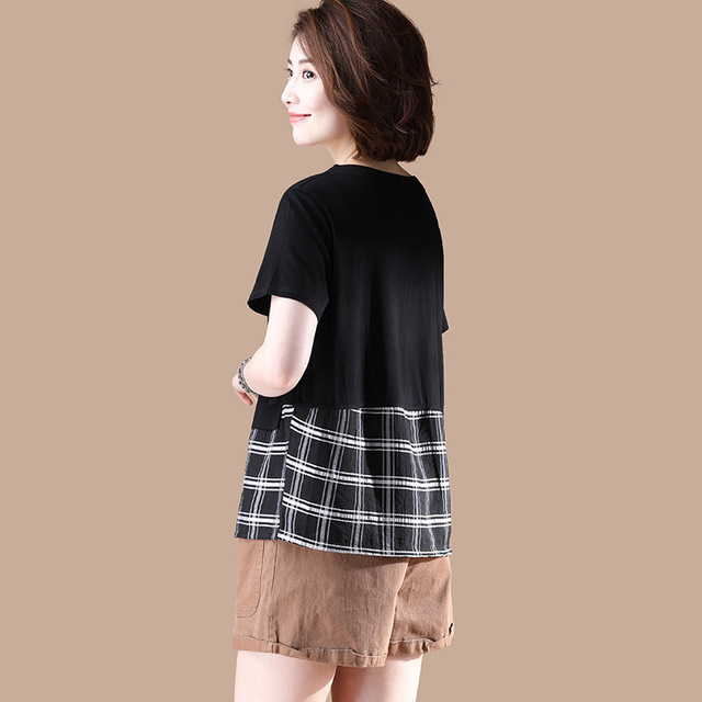 checked blouse round collar summer new loose stitching T-shirt 
