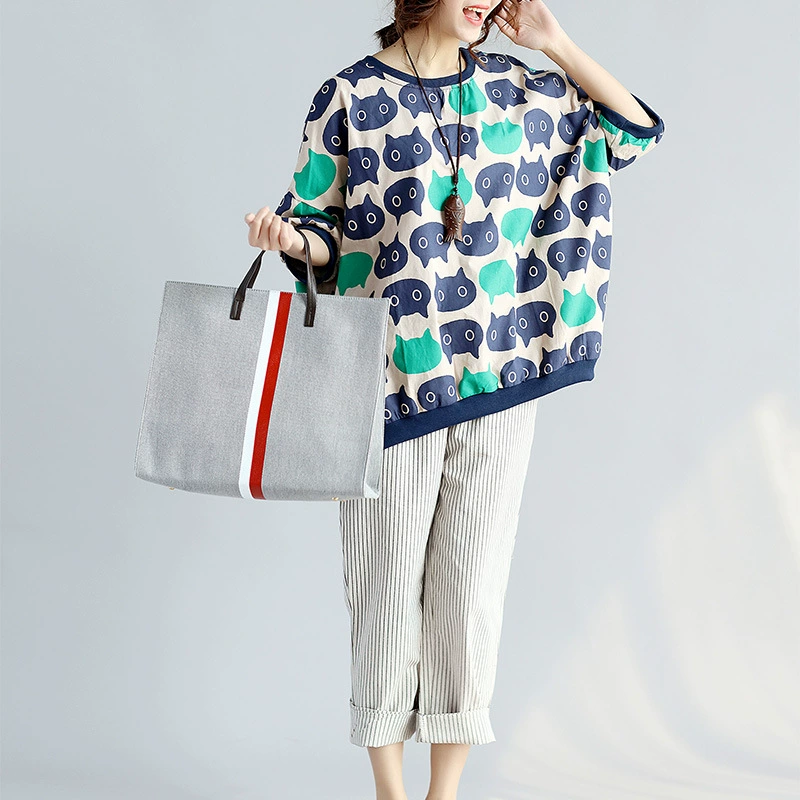 2021 летняя новая женская Повседневная футболка больших размеров со средним рукавом в Корейском стиле, облегающая Милая свежая художественная футболка с котенком