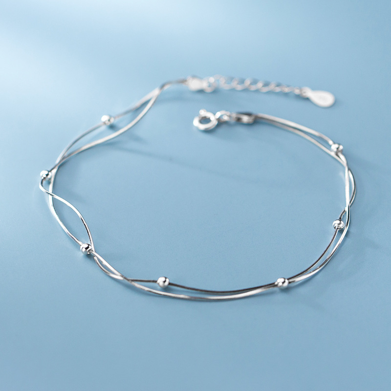 Eloch s925 plata correa de tobillas mujeres estilo coreano temperamento minimalista de doble capa de perlas de luz literatura y arte S3351 cadena de hueso de serpiente