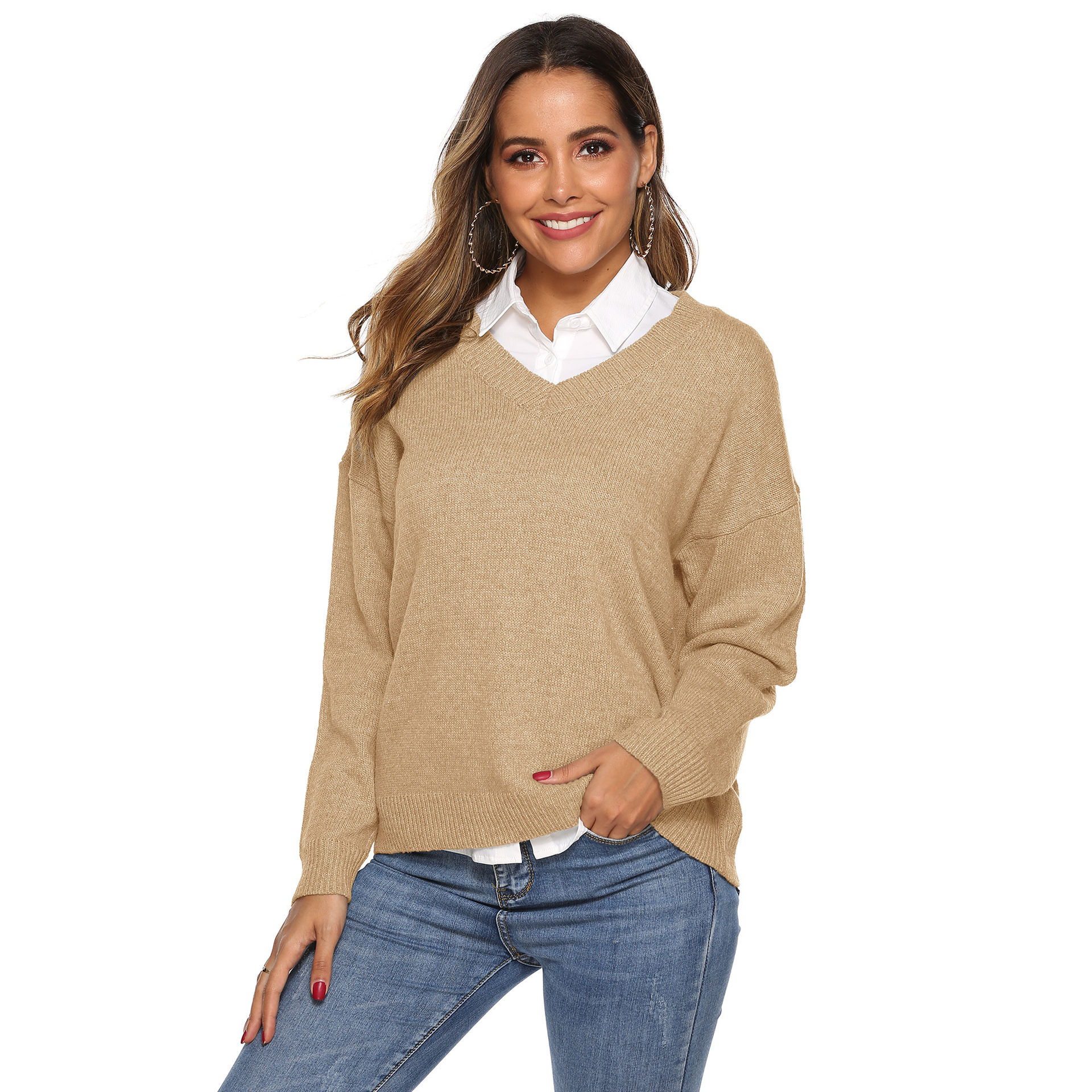 solid color simple woven V-neck pullover  NSOY45997