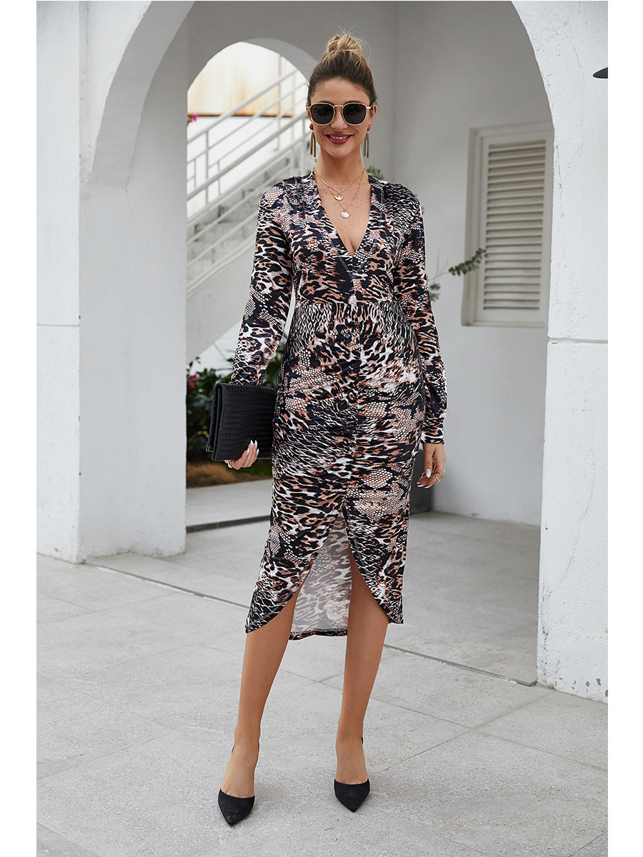 leopard print long-sleeved printing casual dress NSAL10196