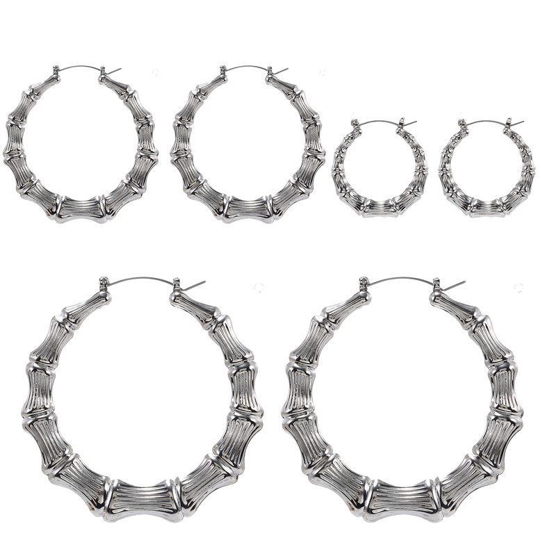 Hot Sale Women&#39;s Round Bamboo Gold Silver Punk Style Earrings Set Women display picture 4