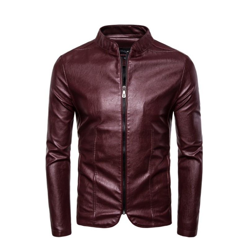 2019 autumn and winter new men's motorcycle stand collar PU leather coat men's slim-fit solid color zipper faux leather casual