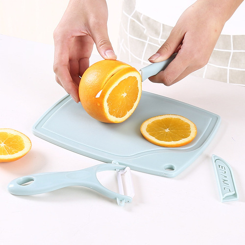 Kitchen 3-piece ceramic fruit knife set, mini plastic cutting board paring knife, household small knife set