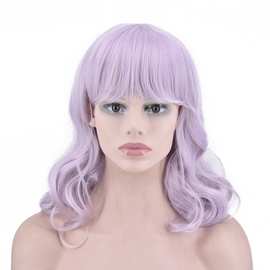跨境专供欧美假发套 齐刘海浅紫色短卷发梨花头假发wig厂家直销