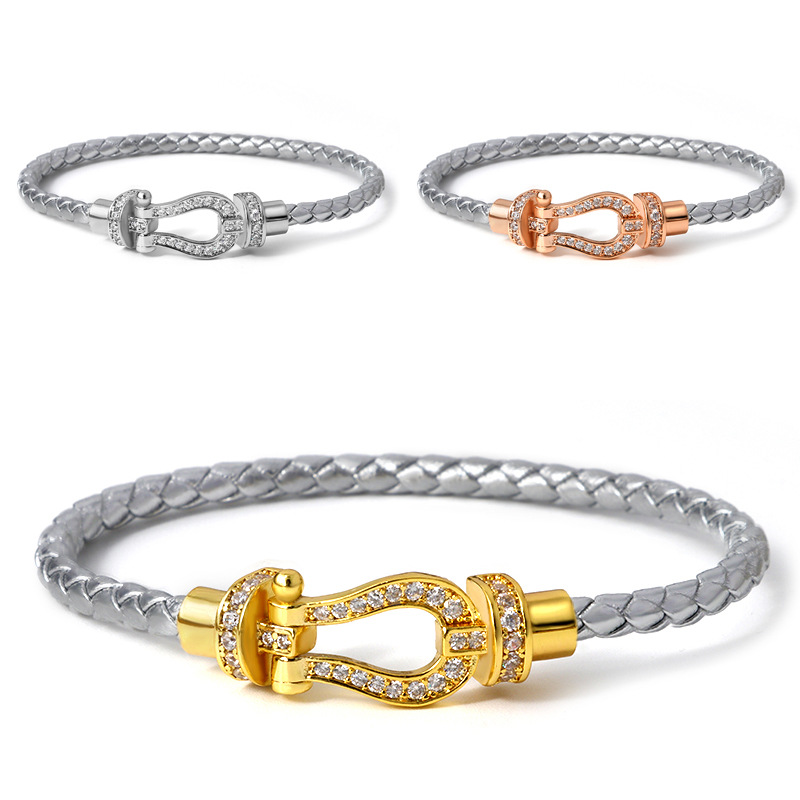 Bangle Classification 1 Piece Quantity Simple Style Commute Horseshoe Zircon Leather Rope Copper Wholesale Bangle