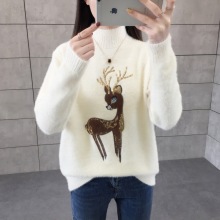 秋冬新款韩版宽松加厚仿水貂绒毛衣女套头上衣亮片小鹿打底针织衫