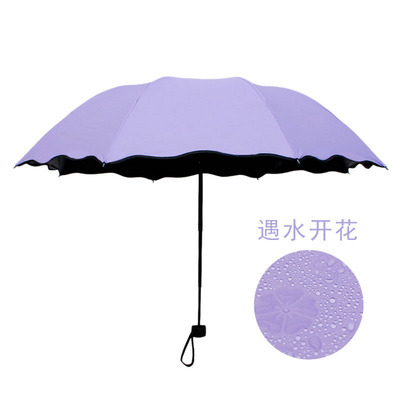 戶外三折女士遮陽傘創意黑膠遇水開花防曬防紫外線三折傘現貨批發