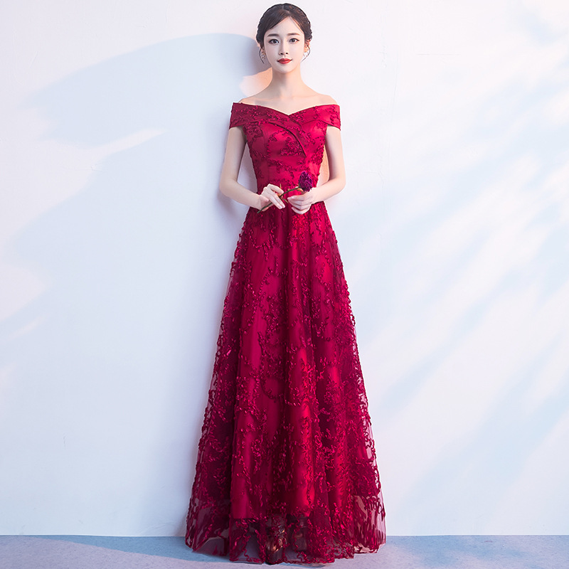 Rojo tostada vestido de novia 2024 otoño fuera del hombro largo elegante Banquete de verano y otoño vestido de noche para las mujeres image 9