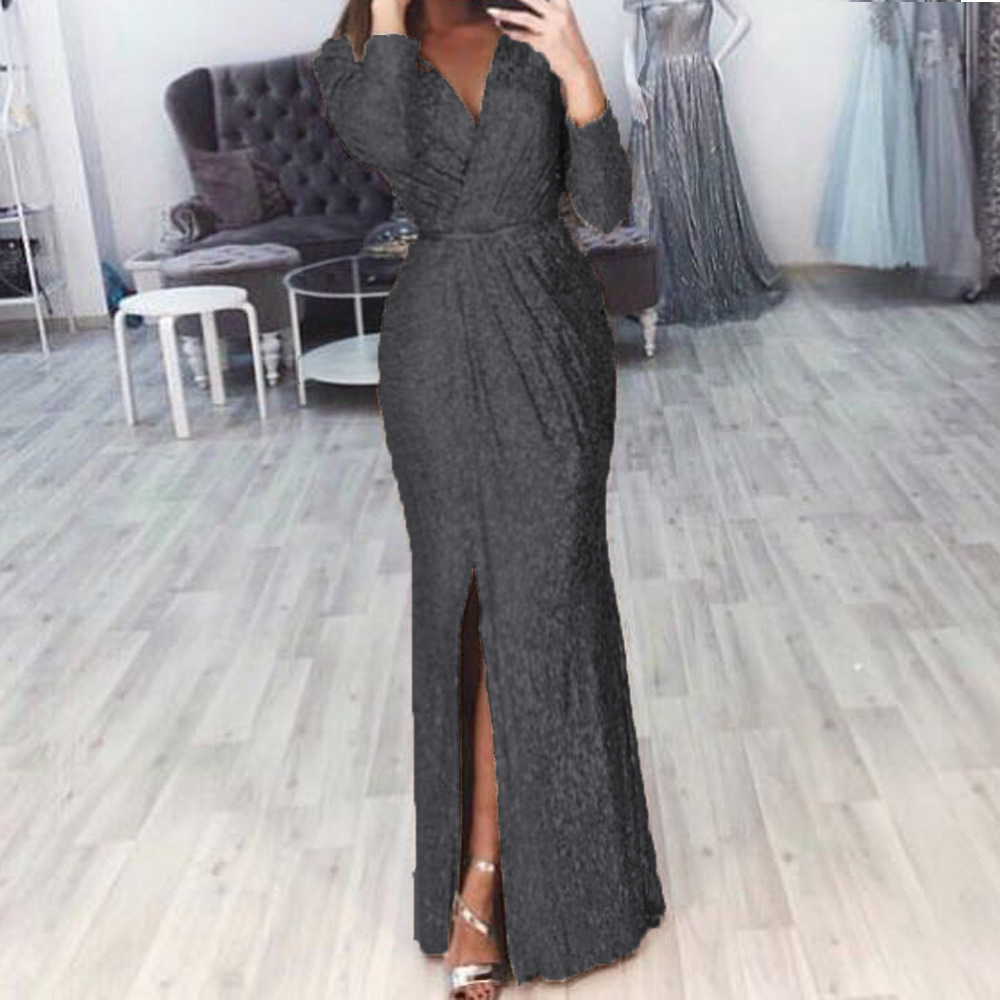 Women's Long Dress Evening Dress Deep V-neck Glittering Waist Trimming Dinner Dress