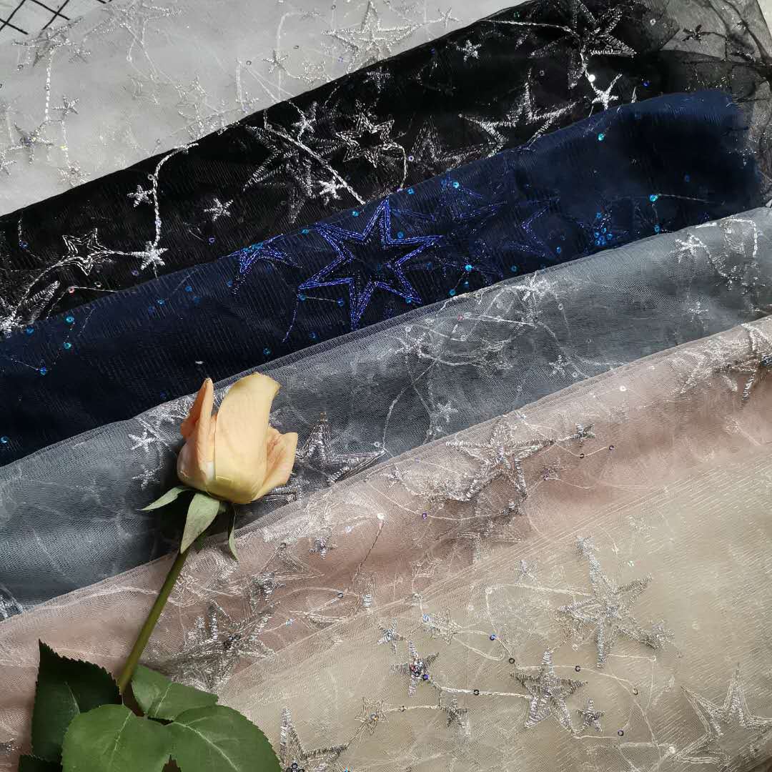 新款无弹锦加强网底布大小五角星金银丝撞色刺绣綉片 面料现货