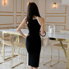 Black and white color matching thin knitted dress with hanging neck