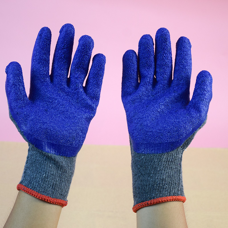 源头厂货 批发零售 防滑灰沙蓝胶 纱线挂胶皱纹手套 劳保手套