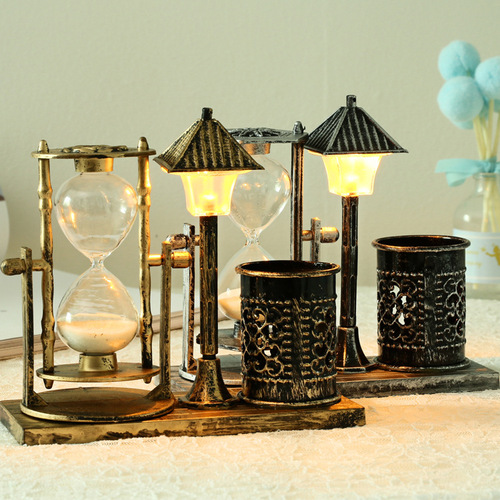 Creative Imitation Antique Quicksand Street Lamp Pen Holder Lantern Light Tower Student Gift White Hourglass Dual-color Small Night Light Ornament