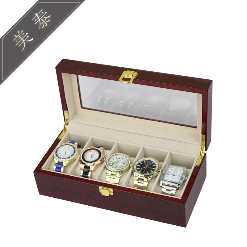 喷漆手表盒5格木质钢琴烤漆手表包装盒柜台展示盒现货供应