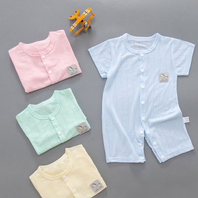 嬰兒短袖連體衣夏季寶寶純棉提花輕薄透氣爬服新生兒哈衣壹件代發