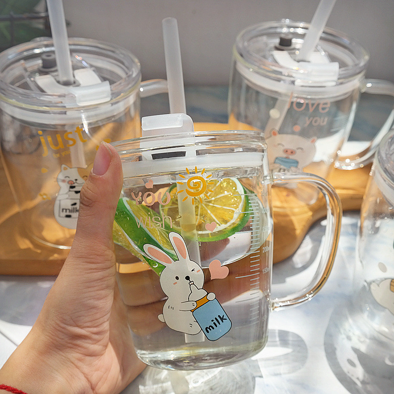 household children Graduation Milk Cup With cover Handle breakfast transparent straw Glass Water cup Microwave Oven Heated