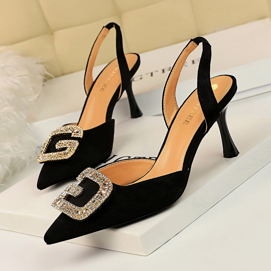 Big Tree Banquet High-heeled Shallow Mouth Pointed Suede Hollow Back Strap Metal Rhinestone Buckle Sandals Women's Shoes