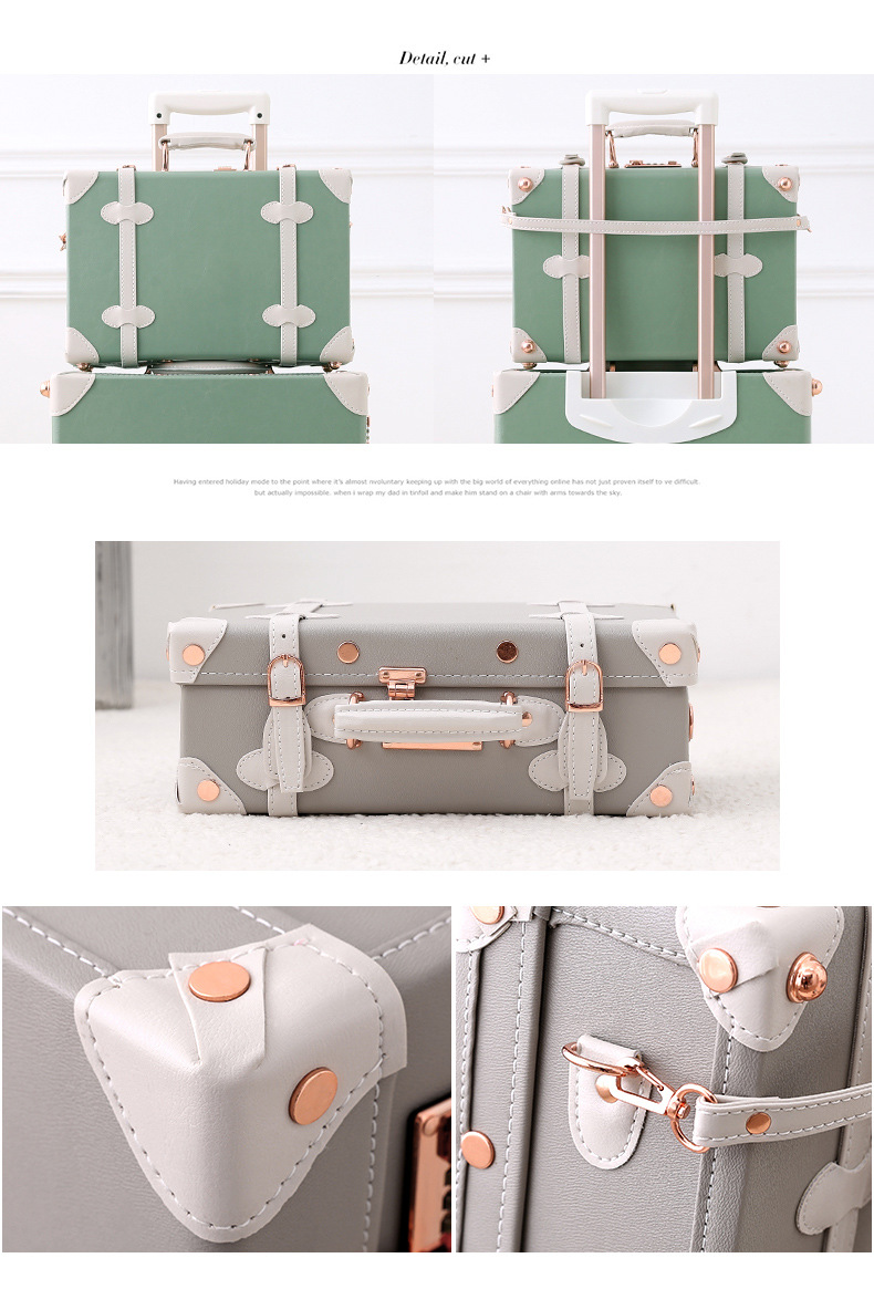 Vali kéo vintage da màu xanh lá cây 20 inch bánh xe xoay 360 độ, kèm hộp quà tặng — trà xanh matcha chi tiết 19