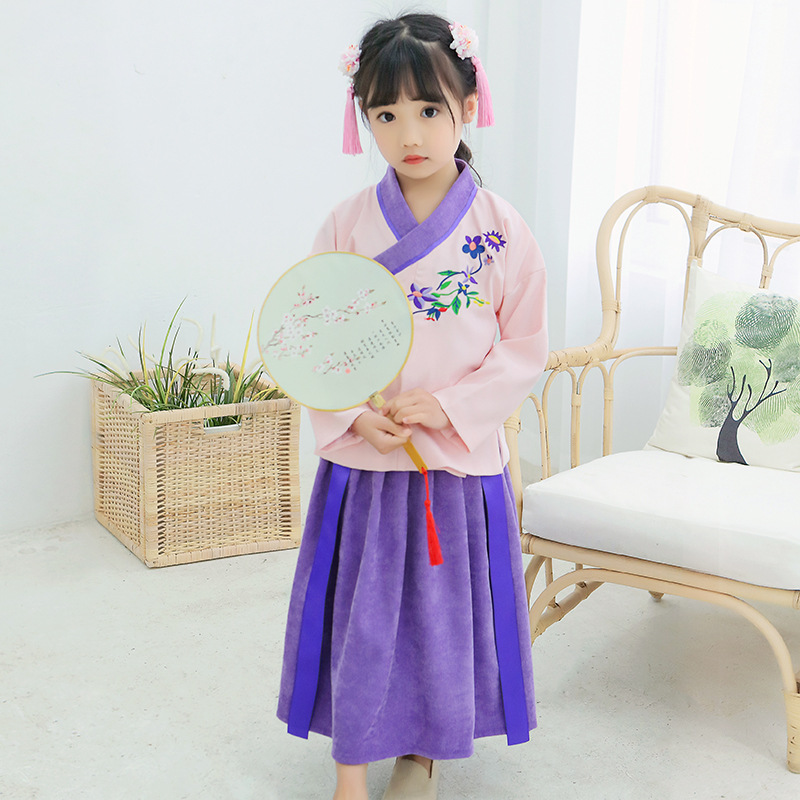 童装汉服套裙2019春季新款古装中国风棉麻襦裙长袖民族服刺绣唐装|ru