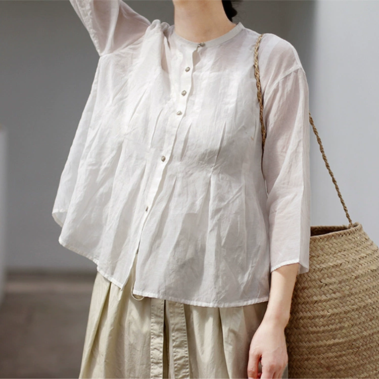 Женская художественная одежда с вертикальным воротником, свободная белая рубашка с рукавом в три точки и высоким воротником, лето 2020