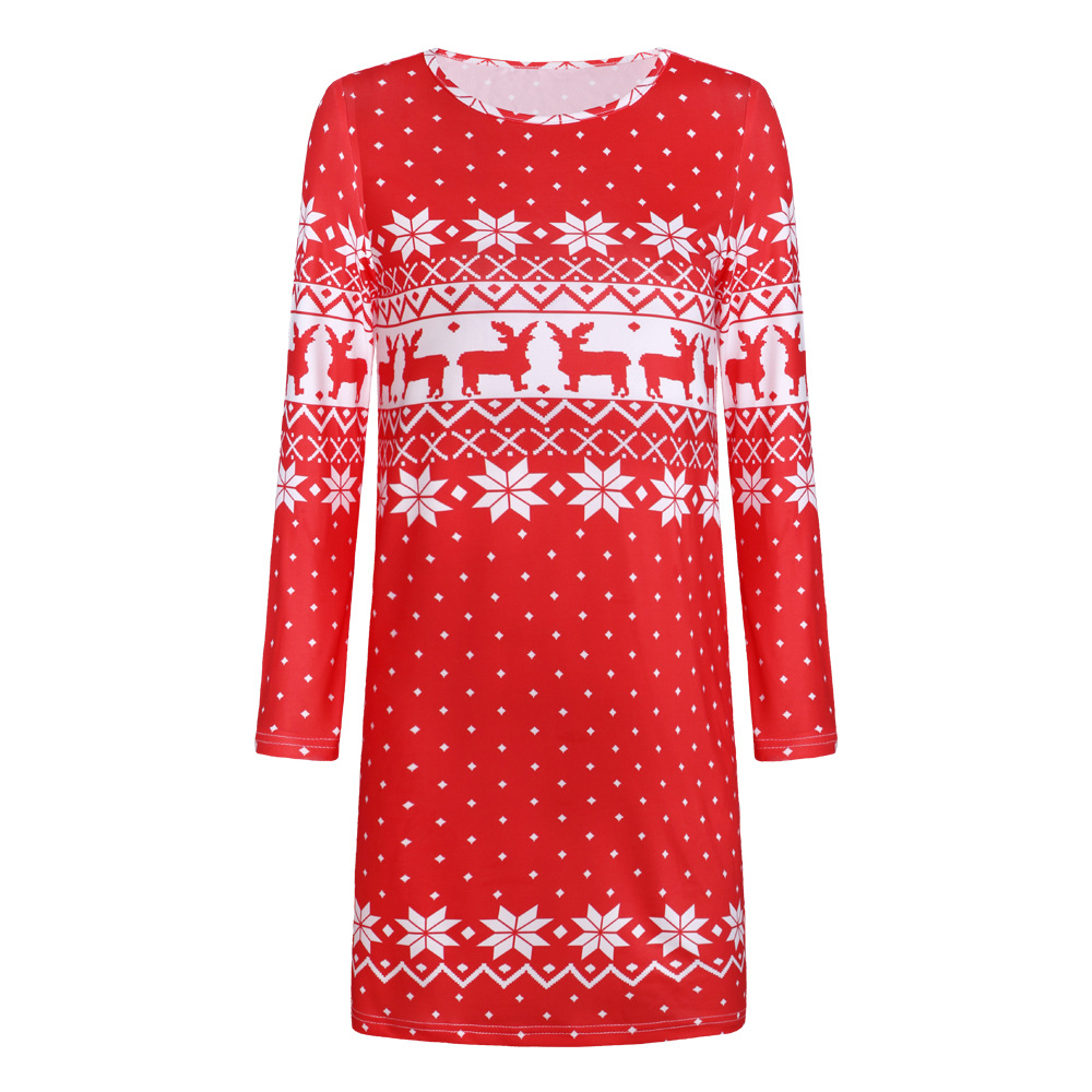 women s Christmas print round neck long sleeve dress nihaostyles clothing wholesale NSHYG72682