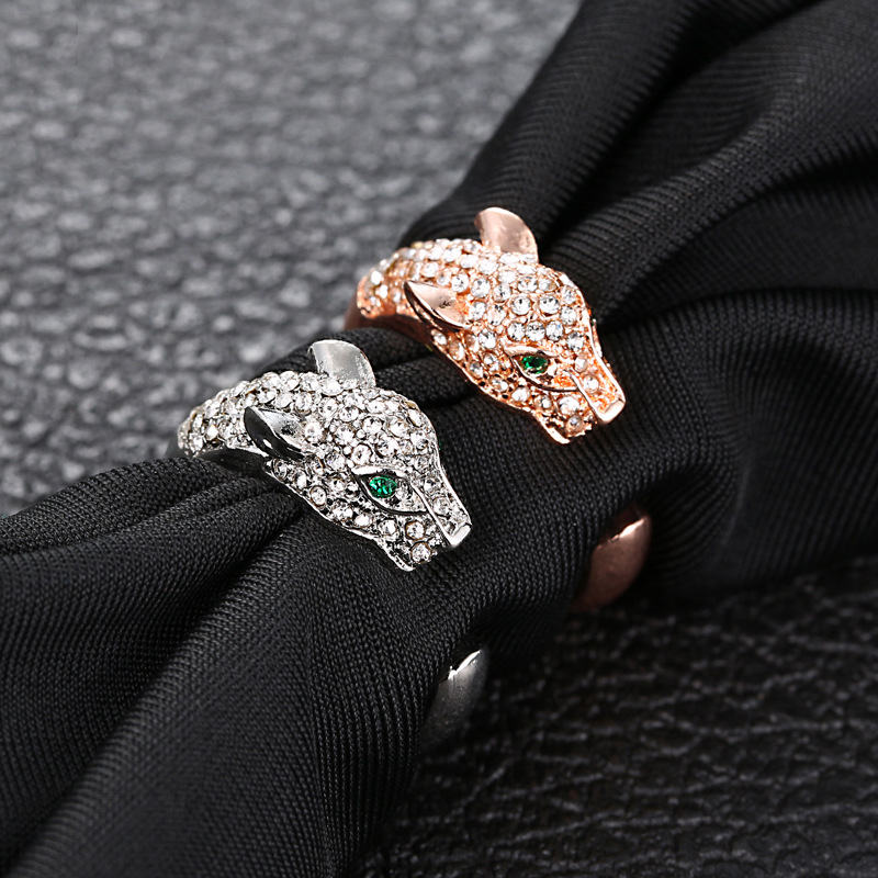 Couples Open Ring Adjustable Fashion Leopard Head Diamonds Alloy Ringpicture4