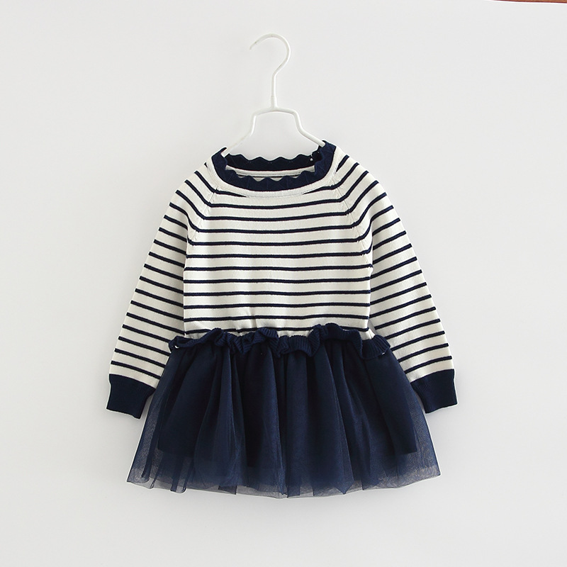 Vestido de suéter de primavera y otoño para niñas Vestido de princesa de encaje a rayas europeo y americano falso falda de dos piezas para niños de lana