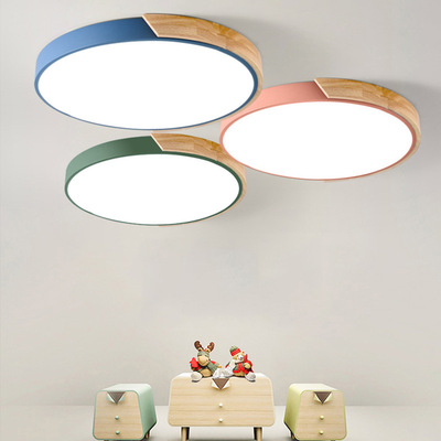 LED马卡龙吸顶灯现代简约卧室儿童房办公会议室木艺薄圆形灯|ms