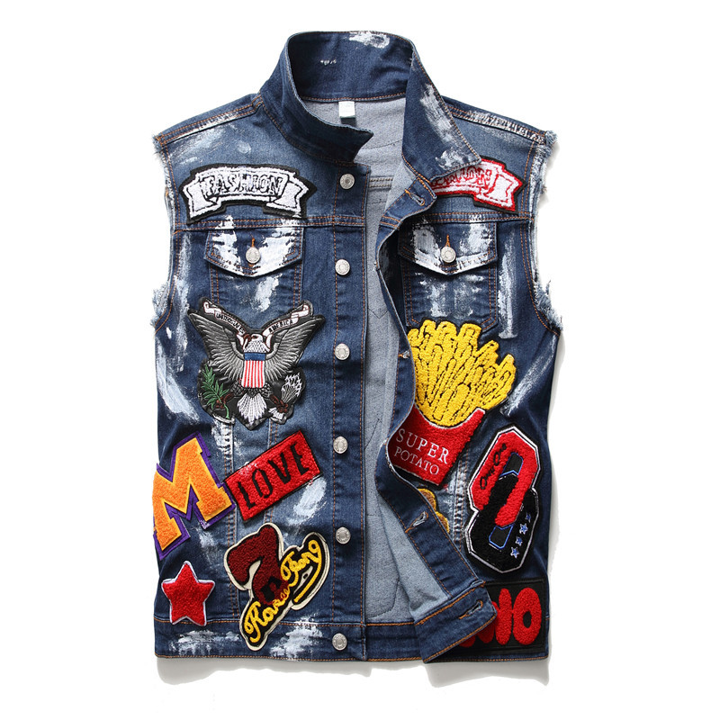 European and American punk denim vest me...