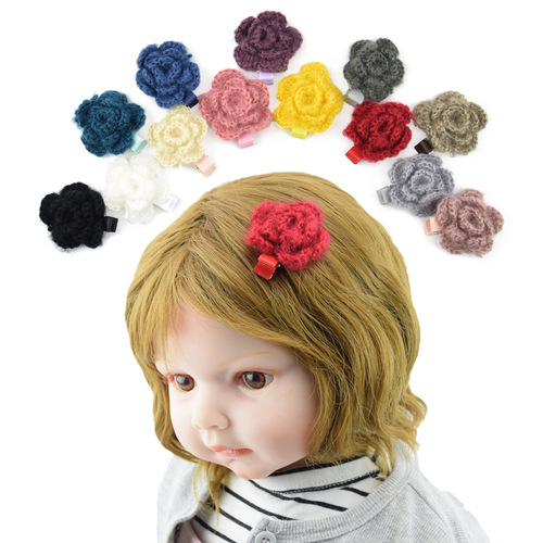 European and American-style children's hair clips: Wool-knit flower hairpins, baby camellia hair accessories, handmade headwear, girls' accessories