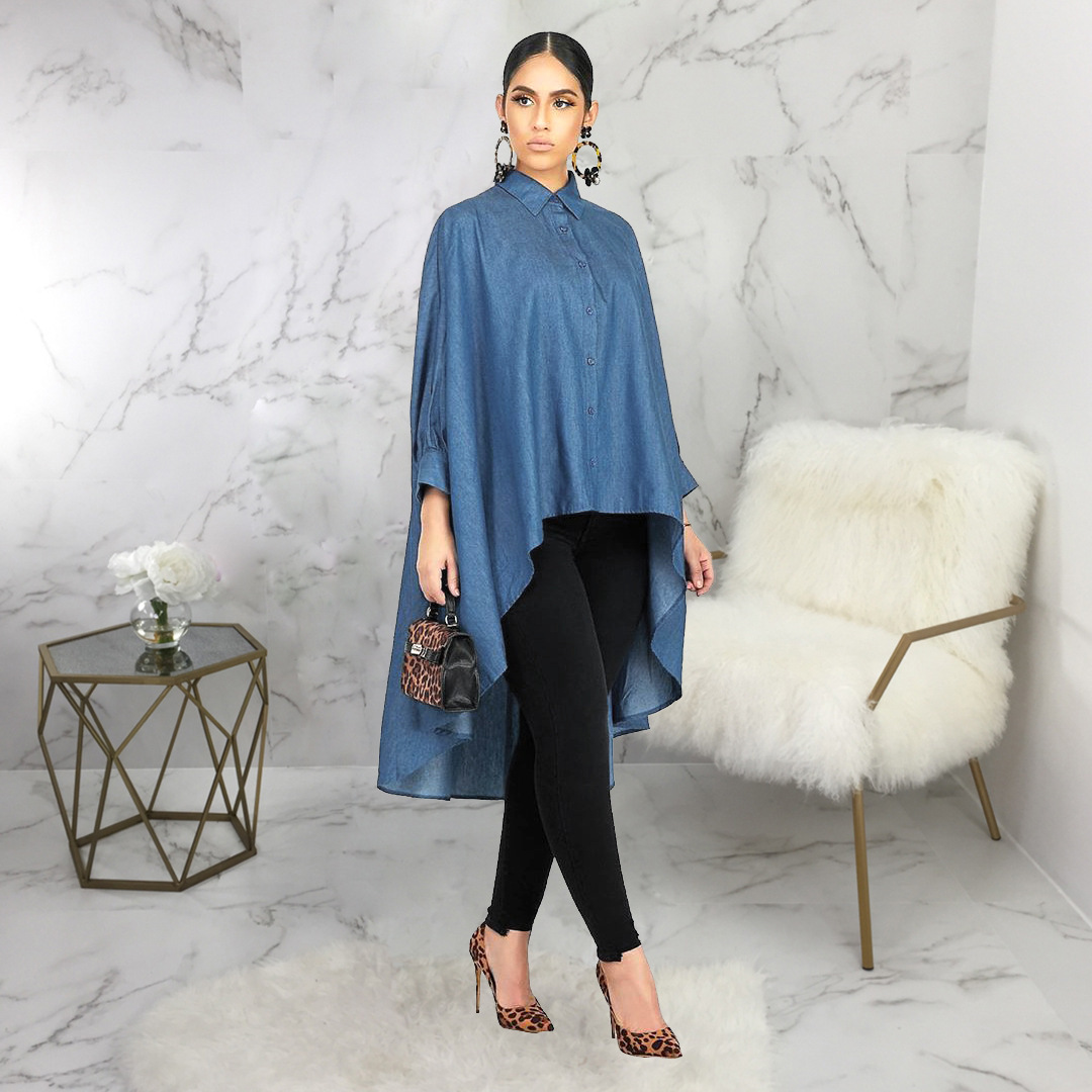 Blue Lapel Long Sleeve Loose Short Front & Long Back Longline Denim Blouse NSQYT99020