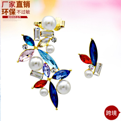 韩国非主流水晶耳挂个性时尚珍珠耳夹环保合金镀金耳环耳扣批发|ru