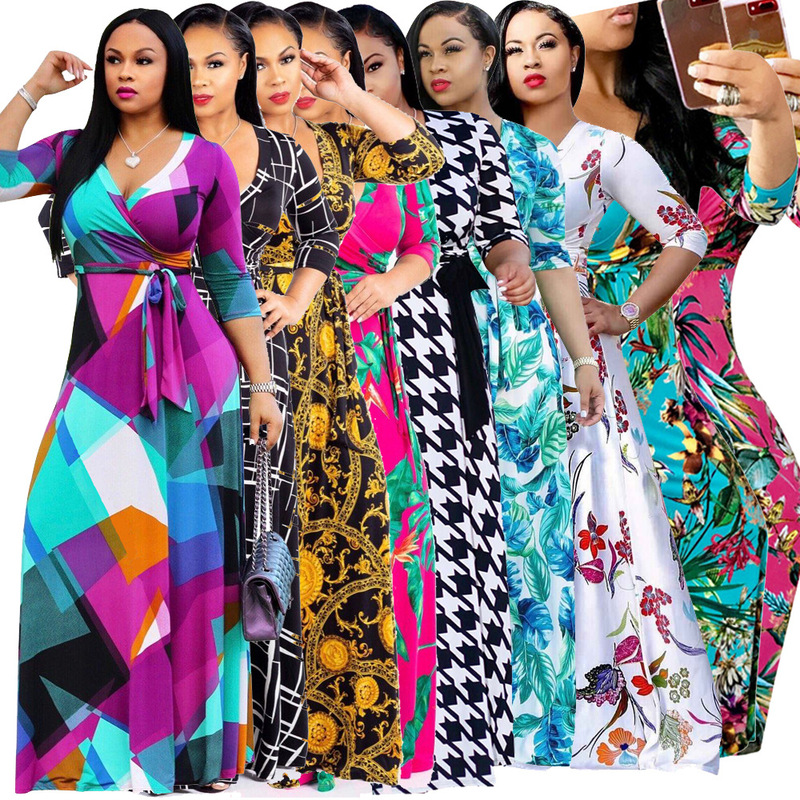 YM-8193 Amazon Ebay Explosions European and American Women's Sexy V-Neck Exquisite Printed Large Size Dress