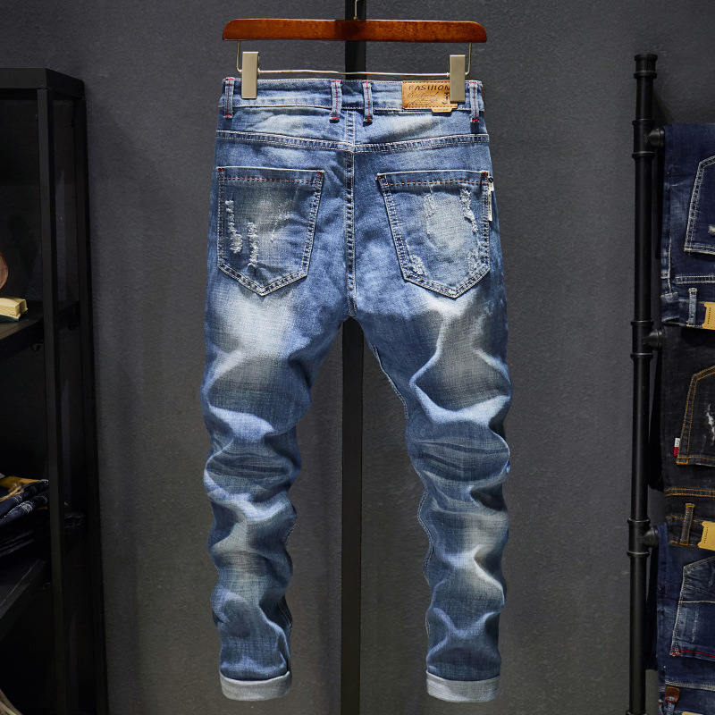 Elastic Jeans Youth Loose Light Color Big Hole Men's Scratched Beggar Slim Fit Feet Pants_voghion.com