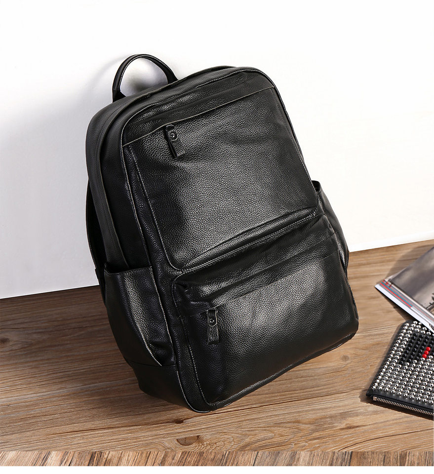 Ba lô nam da bò thật 15.6 inch chống nước, túi đeo vai du lịch đựng laptop 43×30×18 cm — Màu đen chi tiết 2