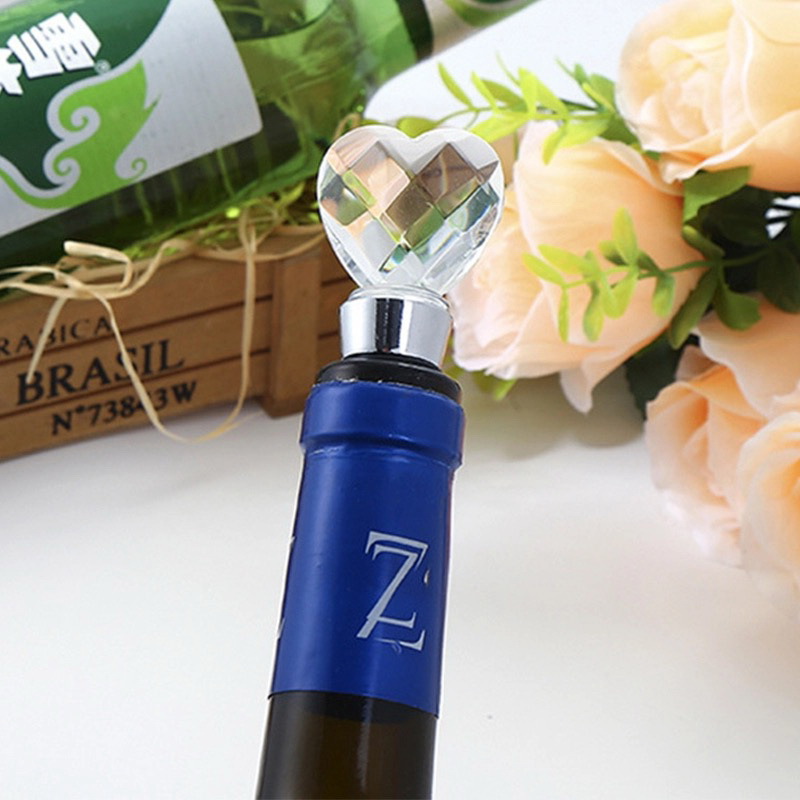 Entrega de una pieza en forma de corazón de cristal tapón de vino caja de regalo de plata regalo de retorno de boda Aleación de cristal tapón de vino