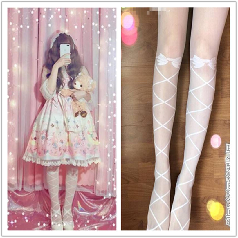 Japanese Style White Cross Strap Bow lolita All-match Cute Soft Girl Socks lolita Thin Silk Stockings Pantyhose