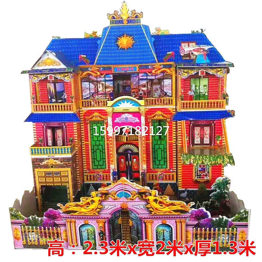 免粘灵屋折叠别墅灵房 打开成型2米豪华楼纸扎殡葬用品厂家直销