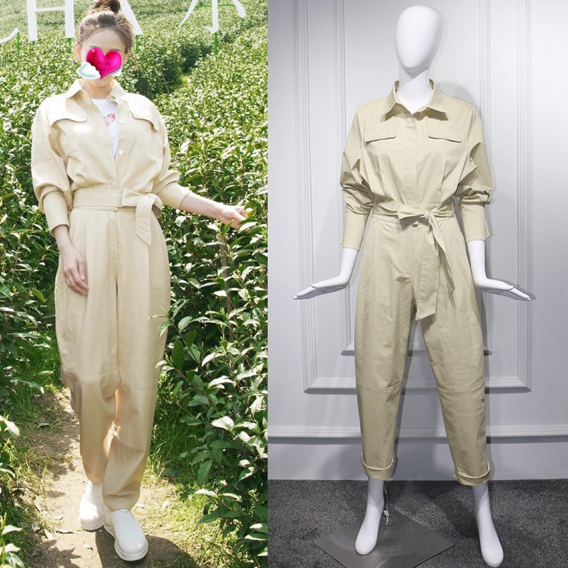 明星同款衣服女2018新款春秋装浅色连体裤女休闲长袖衬衫收腰长裤|ru