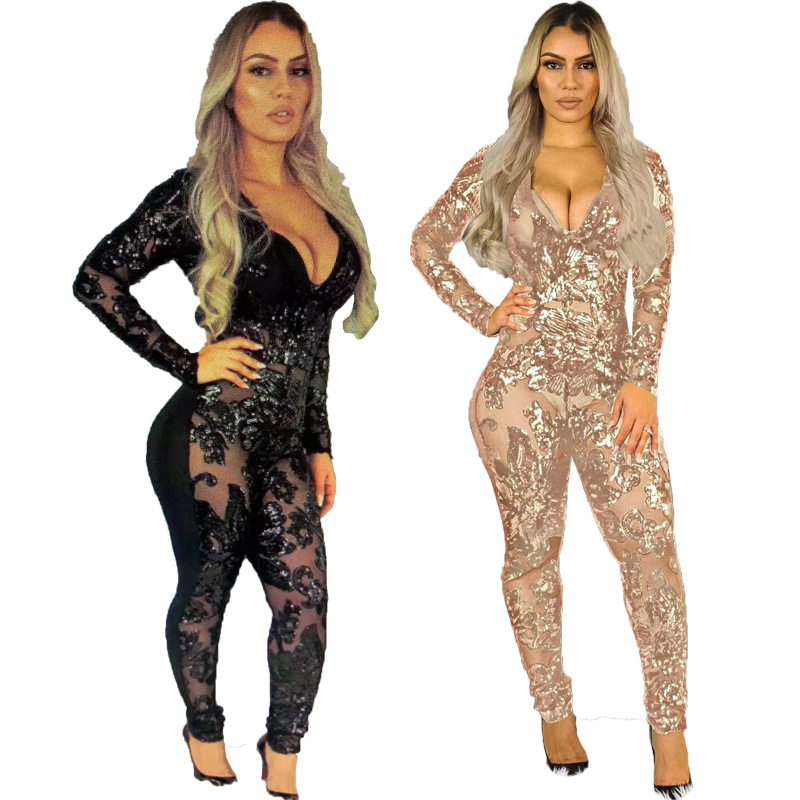 sequins Slim perspective deep V-neck jumpsuit nihaostyles wholesale clothes NSCYF91655