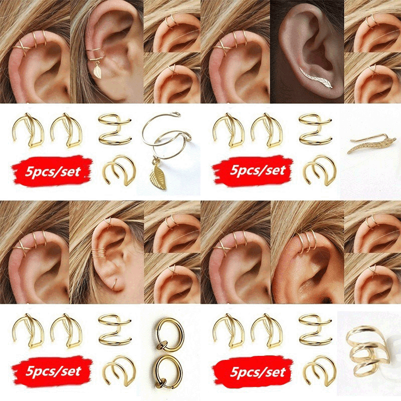 亚马逊热卖极简耳饰简约合金几何耳夹时尚精致耳钉女耳环5件套装