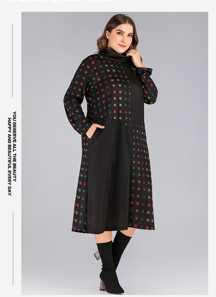 plus size high collar long sleeve checkered print stitching dress  NSJR17220