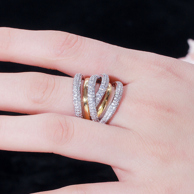 16g Weight Electroplating Gold Plating Process Casual Geometric Copper Plating Inlay Zircon Wide Band Ring