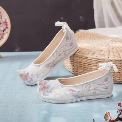 Chinese hanfu shoes for women bow shoes ancient Han Dynasty shoes ancient women shoes embroidered shoes with raised head flat bottom