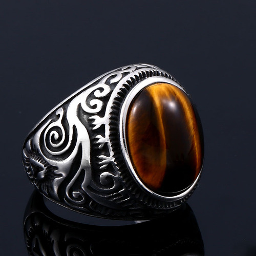 Beier Cross-border Wholesale Titanium Steel Ring for Men in Europe and America, Vintage Stainless Steel with Gemstone Inlay and Engraved Band Hand Accessory