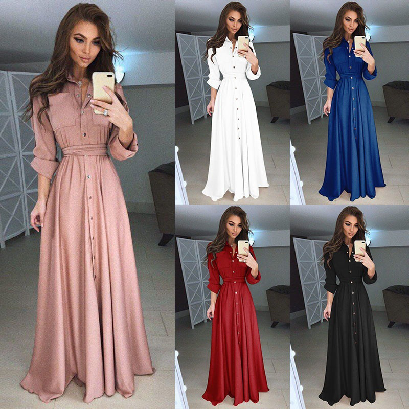 Slim Fit Long Sleeve Button Lace Up Dress 5 Color 8 Size Dress Lady Dress