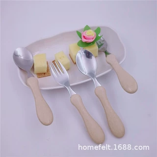 不锈钢儿童餐具麦秸秆手柄勺子叉子纯色餐具套装促销礼品
